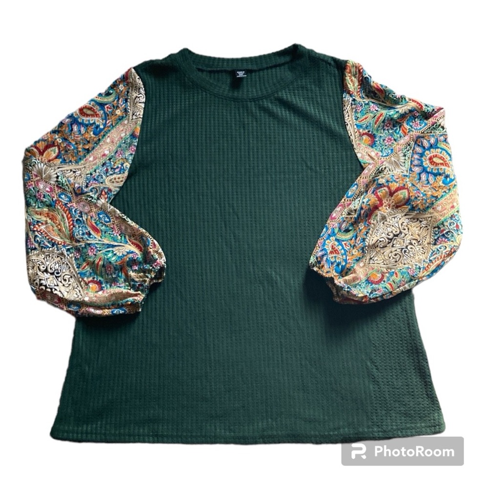 SHEIN Curve Green Textured Top Multi Colored Paisley Print Long Sleeve 22” PTP